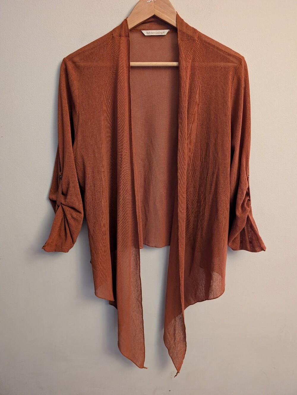 Soft Surroundings Rust Roll-Tab Sleeve Fountain Drape Cardigan Size XL